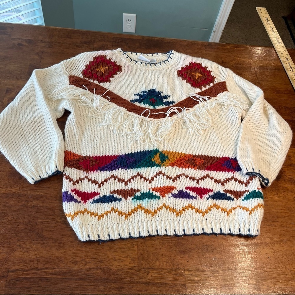 Vintage Backroad Blues women’s sweater cream colorful fringe size 20W/40